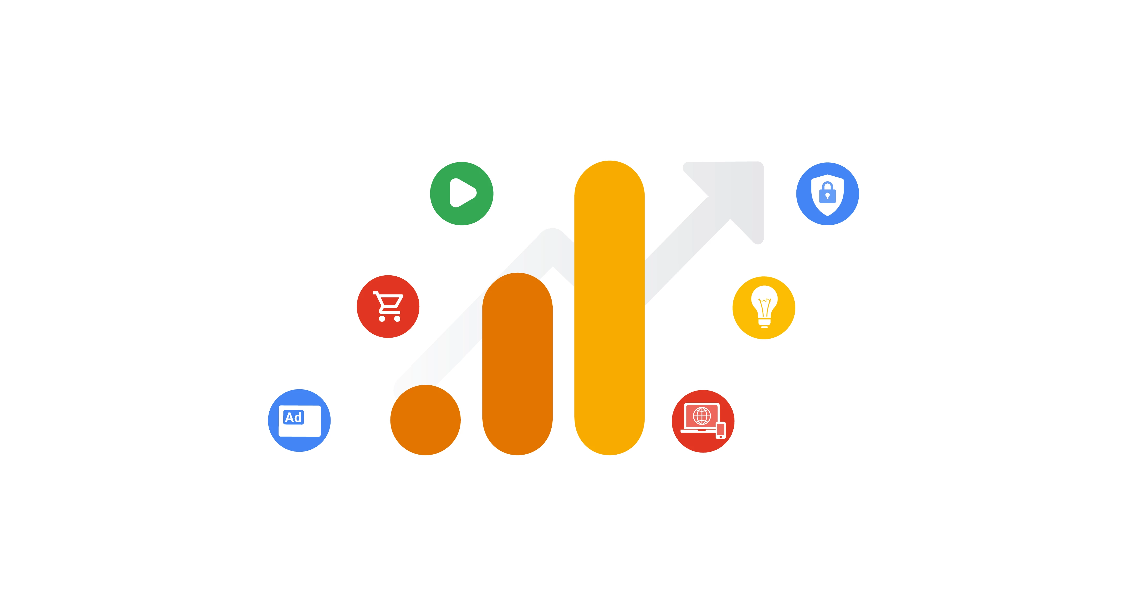 An abstract graphic showing various colored icons against a grey arrow trending upward.