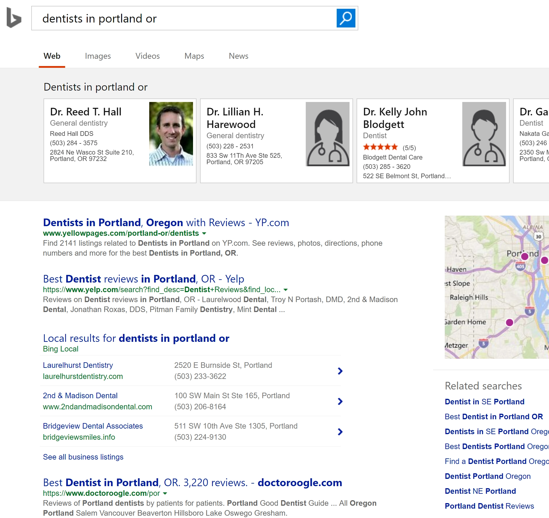 Bing carousel for Dentists in Portland query
