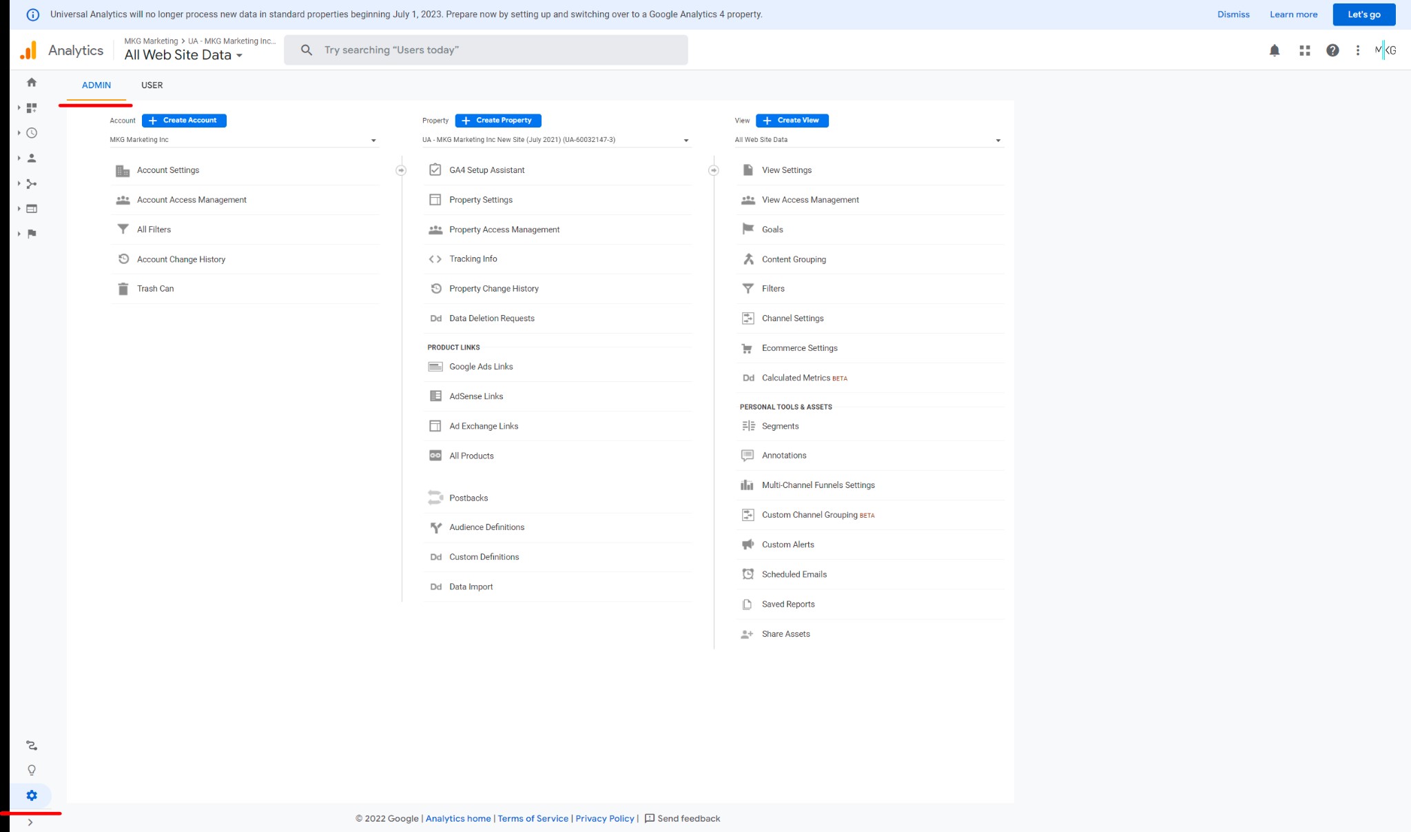 A screenshot of the Google Analytics configuration page